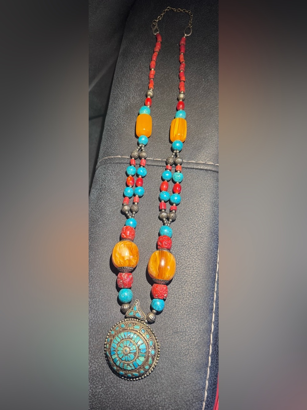 Boho Multi-Bead Statement Necklace in Turquoise, Red & Amber